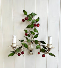 Load image into Gallery viewer, Pair of Italian Tole Cherry Wall Sconces with Rattan Shades