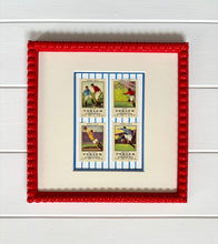 Load image into Gallery viewer, Trio of Antique Soccer Stamps in Red Bobbin Frames
