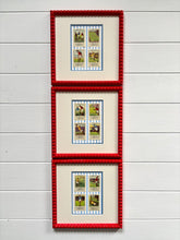 Load image into Gallery viewer, Trio of Antique Soccer Stamps in Red Bobbin Frames
