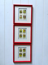 Load image into Gallery viewer, Trio of Antique Soccer Stamps in Red Bobbin Frames
