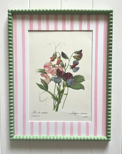 Purple & Pink Sweet Pea Botanical Print in Soft Green Bobbin frame