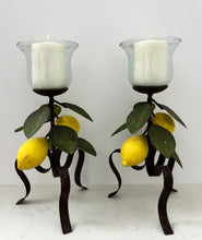Load image into Gallery viewer, Pair of Lemon Tole Candleholders
