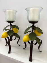 Load image into Gallery viewer, Pair of Lemon Tole Candleholders
