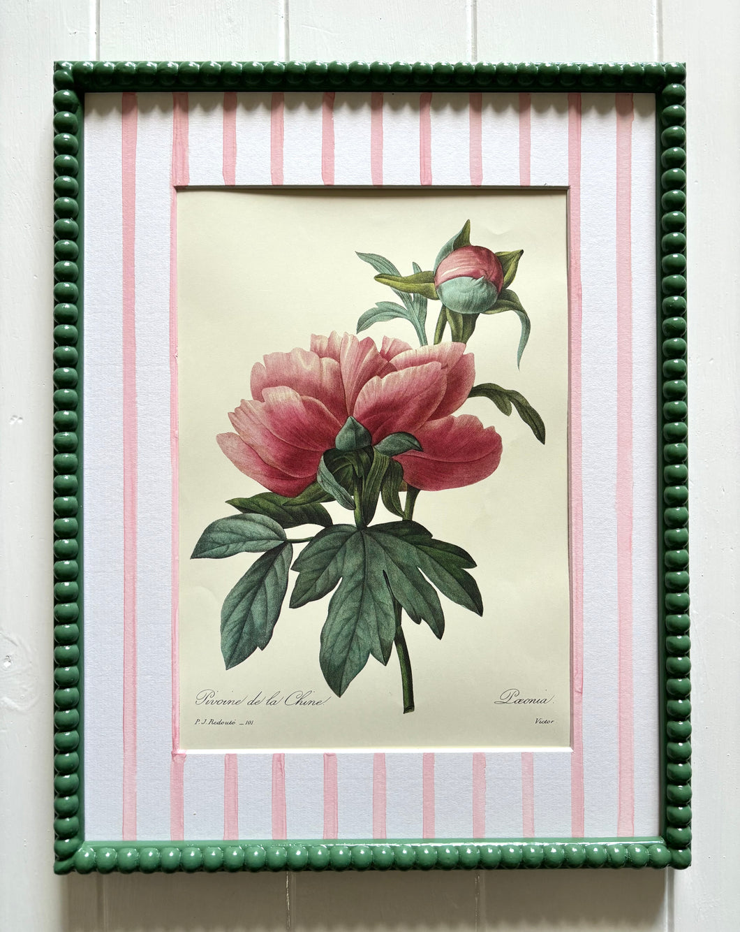Pink Peony Botanical Print in Sage Green Bobbin Frame