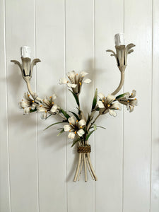 Pair of white tole lily sconces