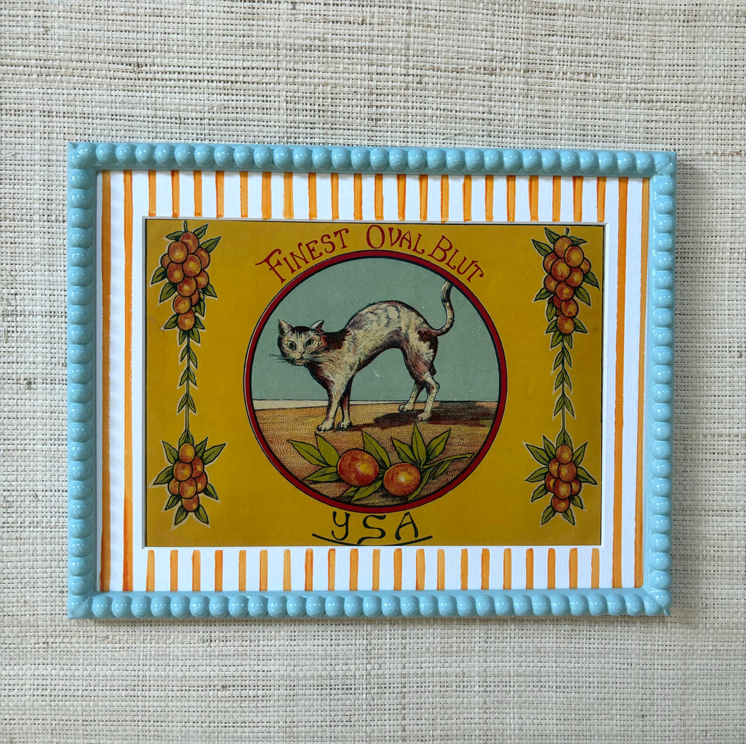 Cat - Spanish Orange Lithograph in Aqua Bobbin Frame