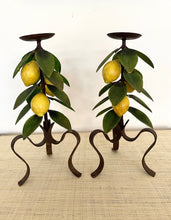 Load image into Gallery viewer, Pair of large tole lemon candleholders
