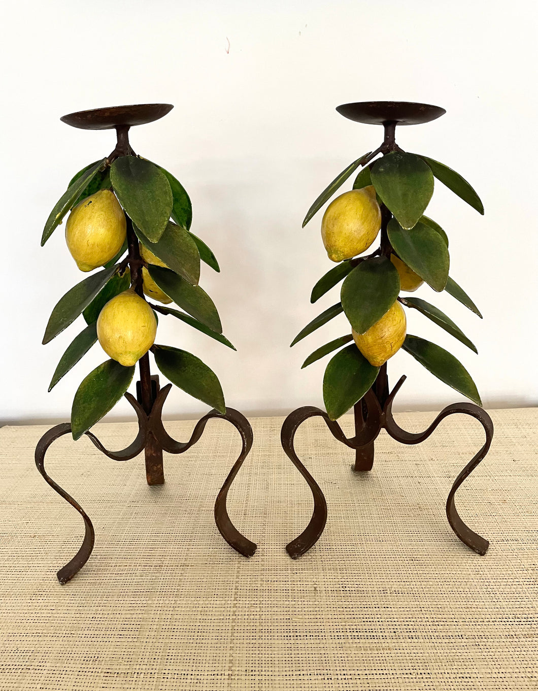 Pair of large tole lemon candleholders