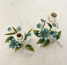 Load image into Gallery viewer, Pair of aqua tole floral candleholders
