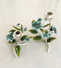 Load image into Gallery viewer, Pair of aqua tole floral candleholders
