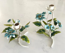 Load image into Gallery viewer, Pair of aqua tole floral candleholders
