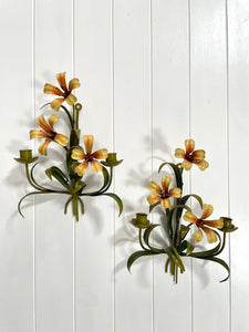 Pair of yellow lily toleware wall sconces