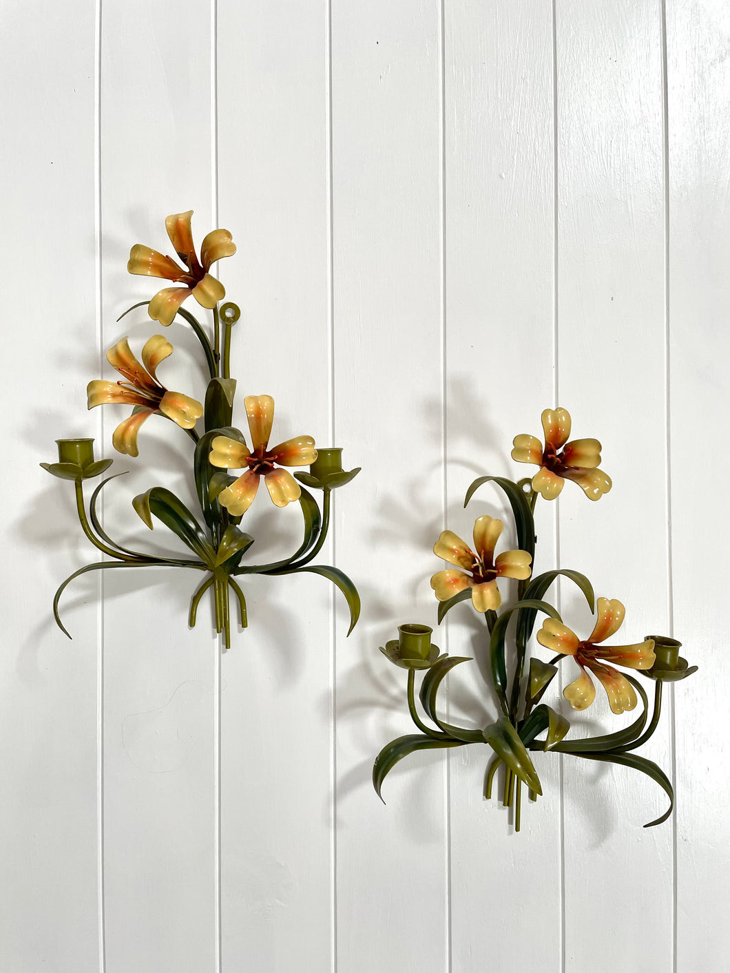 Pair of yellow lily toleware wall sconces