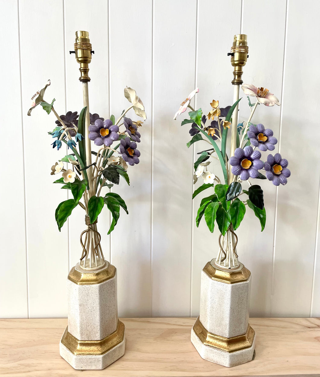 Tall floral toleware lamps