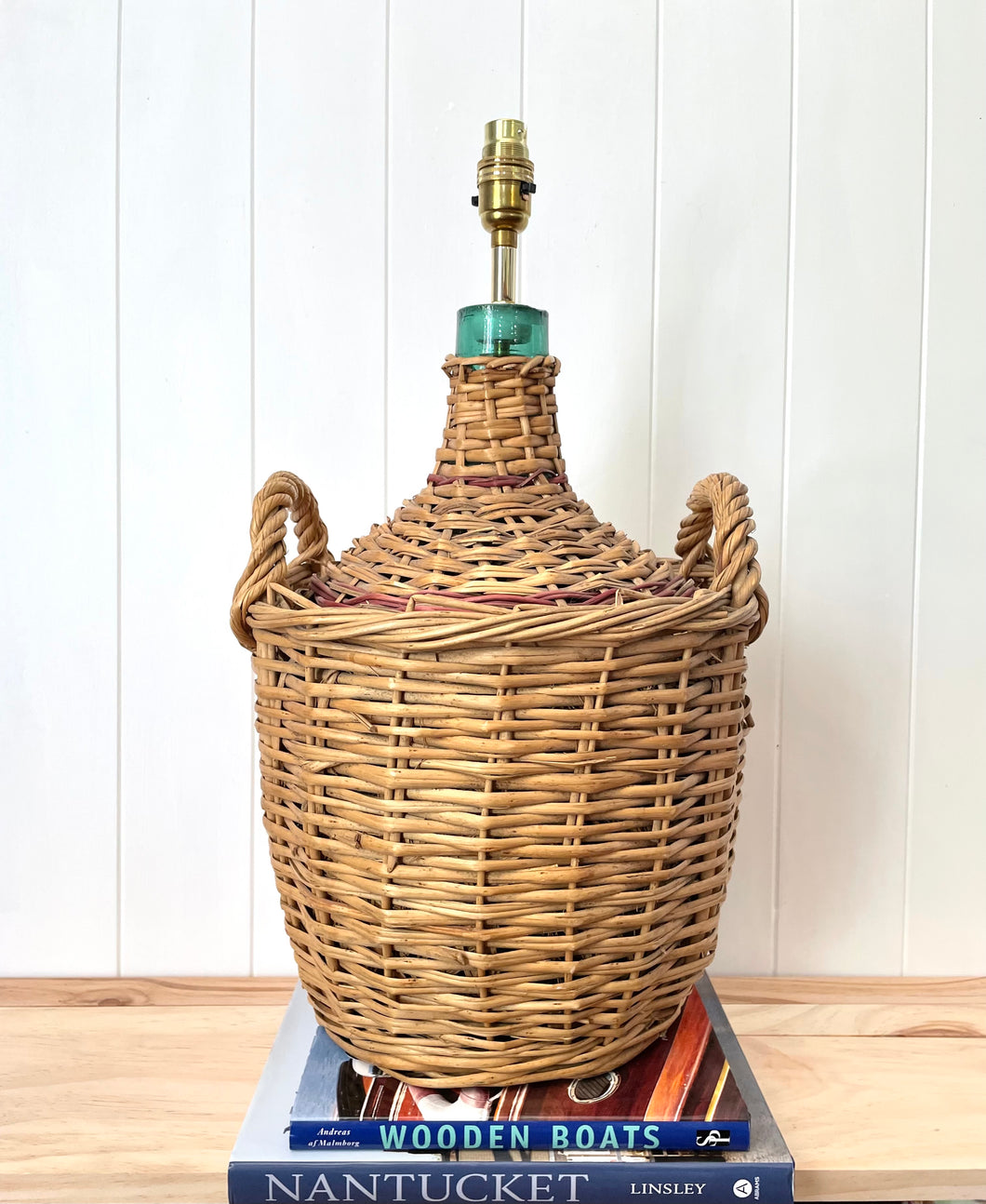 Large vintage rattan demijohn lamp
