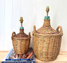 Load image into Gallery viewer, Large vintage rattan demijohn lamp
