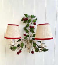 Load image into Gallery viewer, Pair of Italian Tole Cherry Wall Sconces with Rattan Shades
