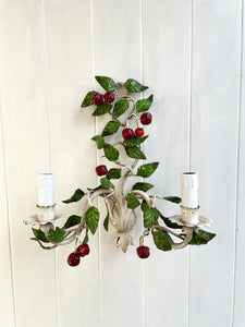 Pair of Italian Tole Cherry Wall Sconces with Rattan Shades